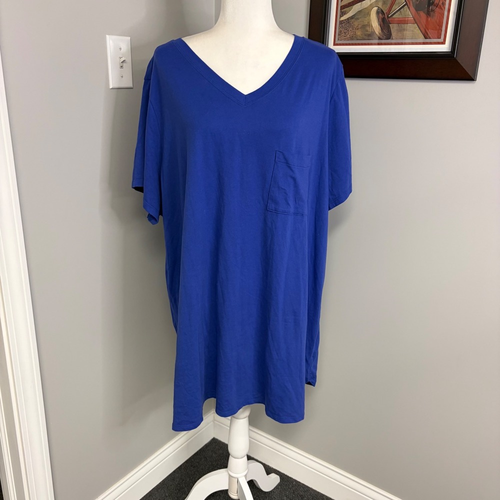 Cacique Sleep Royal Blue V-Neck Night Shirt Pocket Plus Size 26/28